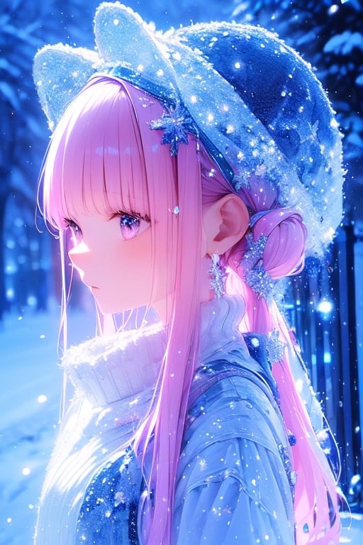 雪猫は、青い森の灯りを飲む

その夜の森は、青い硝子を幾重にも立て並べたように静かだった。  
枝先に積もる雪は星屑みたいに淡く光り、風さえ、音を忘れたように眠っている。