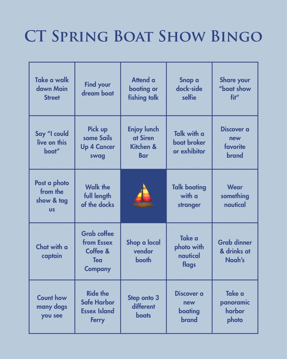 CSpringBoatShow's tweet image. ✔️ How many squares can you check off during #boatshow weekend?

Save this post for April 24-26! bit.ly/4tjEXuk

#CTSpringBoatShow #CTBoating #BoatingSeason #EssexCT