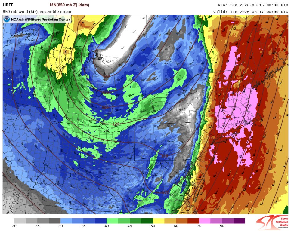 BenWx_Official's tweet photo. We're going to absolutely rip at 850mb tomorrow night. If a thunderstorm moves overhead tomorrow night in this environment, good luck. The LLJ could easily mix it's self-down even with that low-level inversion in place. Can't rule out 75+ gusts at the coast if this occurs. #SNEwx https://t.co/BGJm37Ozua