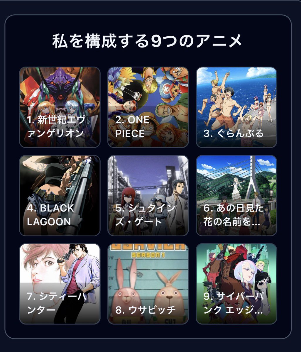 #私を構成する9つのアニメ

1. 新世紀エヴァンゲリオン
2. ONE PIECE
3. ぐらんぶる
4. BLACK LAGOON
5. シュタインズ・ゲート
6. あの日見た花の名前を僕…

tlpt-telepath.github.io/9-animes/
これで俺が出来上がるわけ(　˙▿˙　)☝