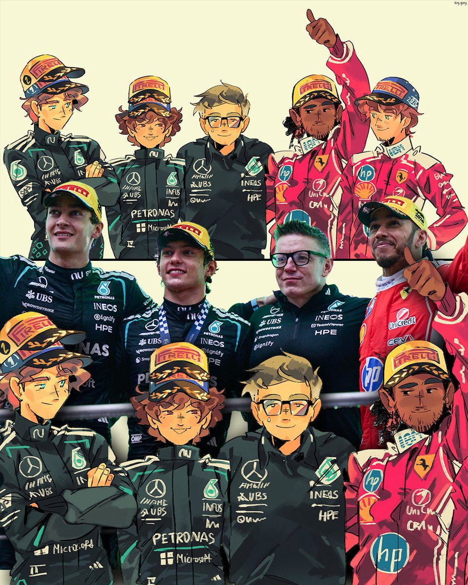 Motorsport's tweet photo. IT’S BEAUTIFUL. 🎨

Antonelli’s first win. Hamilton finally gets his cap. Bono even sneaks into @sog_goog’s brilliant art of this season’s podium finishers. 🎨 https://t.co/UlUTBiGT5c