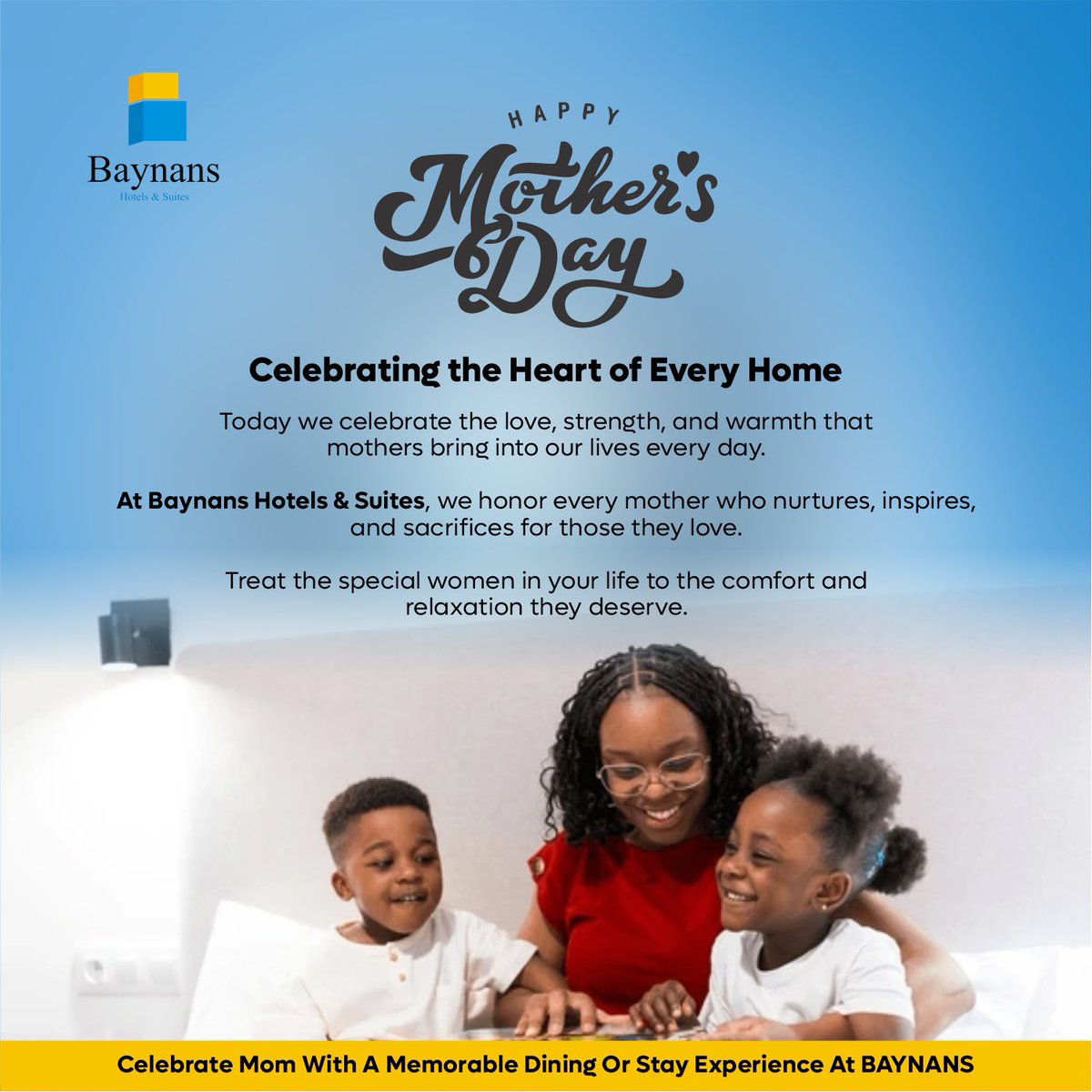 Baynans_Hotels's tweet photo. This Mother’s Day, treat the special women in your life to the comfort, relaxation, and memorable experience they truly deserve.

Because every mom deserves to be celebrated. 🌸

#MothersDay #CelebrateMom #BaynansHotels #Hospitality #MakeItMemorable https://t.co/ENX1SVIRoj