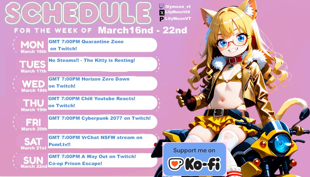 Streaming Shedule for March 16th to 22nd!
On #twitch with the Bratty Kitty!
Twitch:
twitch.tv/lilymoon_vt
Pomf:
pomf.tv/stream/LilyMoo…
Please Donate to my Ko-Fi!:
ko-fi.com/lilymoonvt
#Vtuber #LGBTQIA