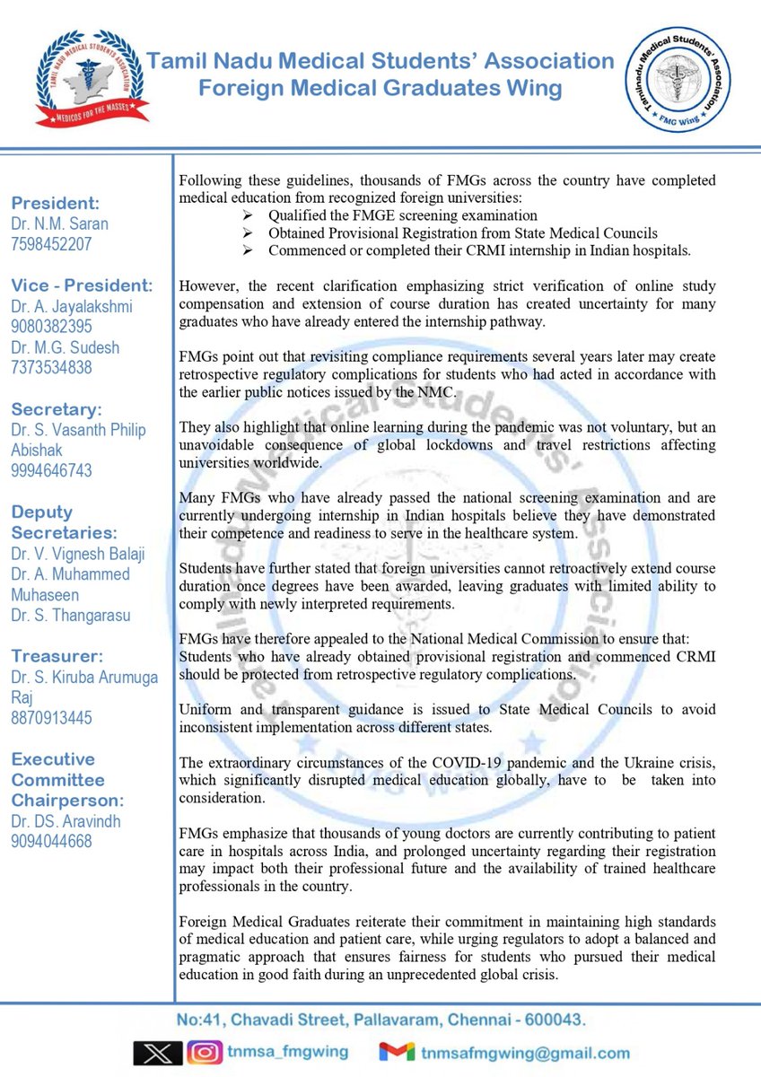 tnmsa_fmgwing's tweet photo. The Recent NMC Notification regarding the Compensation Classes and Certificates is highly injustice. This Retrospective order must be withdrawn by NMC. We, TNMSA FMG Wing &amp; entire TN FMGs extend the full support to @official_afa_ &amp; @aimsa_fmsw for organizing and representing FMGs https://t.co/Z5Qhki7Pat