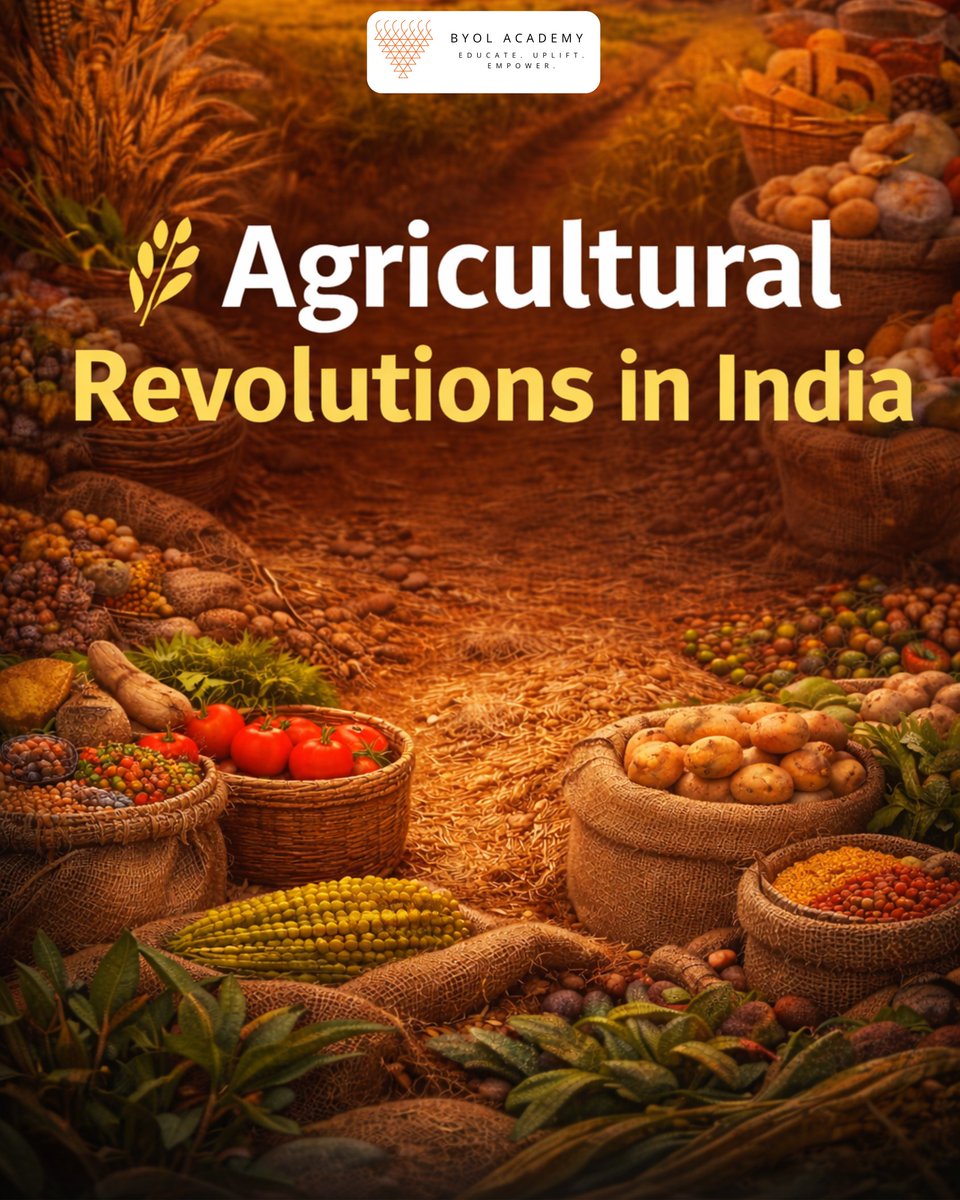 byolacademy's tweet image. India has witnessed several agricultural revolutions that significantly increased the production of different crops and agricultural products. 
#AgriculturalRevolution #IndianAgriculture #GreenRevolution #WhiteRevolution #BlueRevolution #UPSC #UPSCPreparation #UPSCNotes