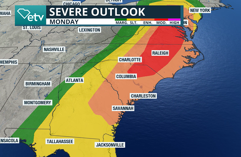 SCPublicRadio's tweet photo. The Storm Prediction Center has increased the threat level for severe storms on Monday across parts of the state. Latest outlook: https://t.co/Ra4FPzmxOD https://t.co/dsWNk7Uh1O