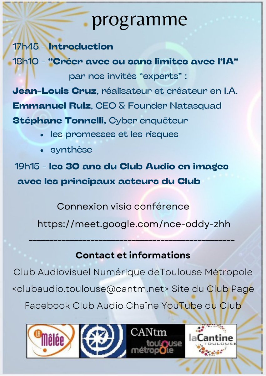 andre_cerdans's tweet photo. Le Club Audiovisuel Numérique de Toulouse Métropole fête ses 30 ans mardi 24 mars 2026 et vous invite à le rejoindre à partir de 17h45 à La Mêlée 27, rue d'Aubuisson !

Visio  : https://t.co/pH4bTlbHUH

Chaîne YouTube : https://t.co/woetx1ksvD
Club Audio : https://t.co/j8nppC350r https://t.co/F3LTKVbmXP