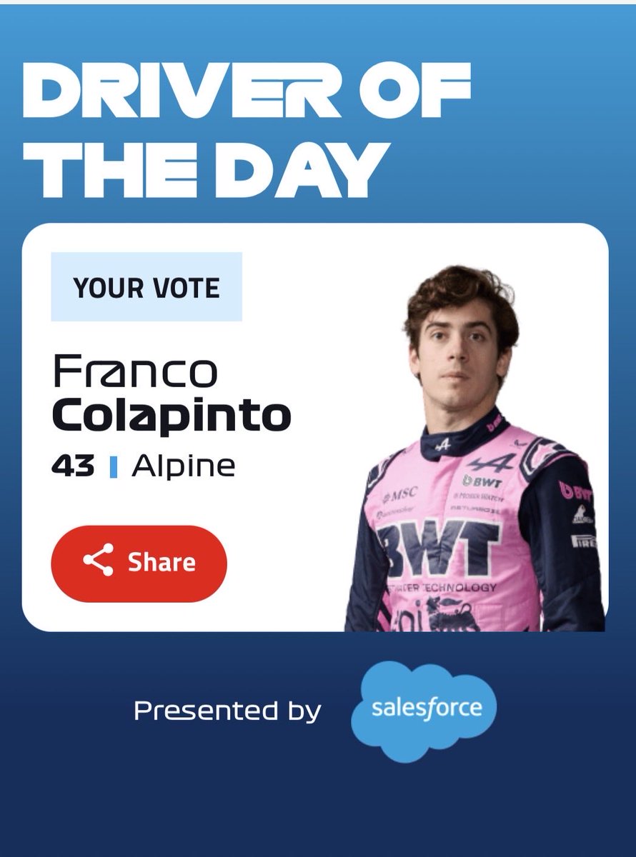 VAYAN A VOTAR A FRANCO DRIVER OF THE DAY‼️ SE LO RECONTRA MERECE ⬇️
formula1.com/en/page/vote