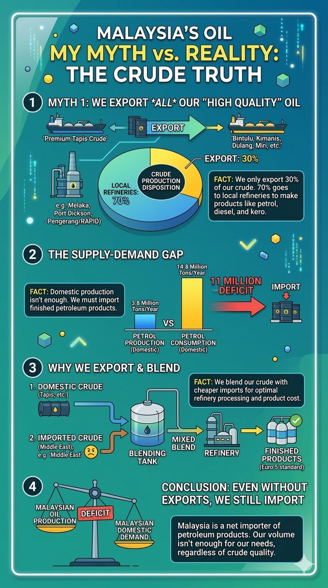 syahir's tweet photo. sebenarnya hujah "kita eksport minyak (tapis) kita sebab berkualiti tinggi" dah tak berapa valid. kita tak eksport semua minyak mentah kita. 

in fact kita export 30% je, 70% kita hantar local refineries untuk process jadi petroleum products termasuk petrol, diesel, kero etc. 

last year kita produced 23.5 juta tan metrik minyak mentah, 7.6 juta tan sahaja kita export ke negara luar selebihnya kita proses dekat refineries. 

sebagai contoh refineries kita hanya hasilkan 3.8 juta tan petrol setahun, tapi kegunaan domestik untuk petrol 14.8 juta tan, bermakna 11 juta tan petrol kita kena import dari luar negara. 

minyak mentah negara kita Tapis, Bintulu, Labuan, Kikeh, Kimanis, Dulang, Miri yang mana kita tak export kita blend dengan minyak dari luar macam middle east jadi mixed blend untuk hasilkan petroleum products. 

basically, minyak yang kita hasilkan tak cukup untuk kegunaan domestik, regardless minyak kita berkualiti tinggi atau tidak. 

kalau kita tak export langsung minyak mentah kita pun tetap kita kena import minyak dari luar sebab minyak yang kita hasilkan tak cukup untuk kegunaan domestik.