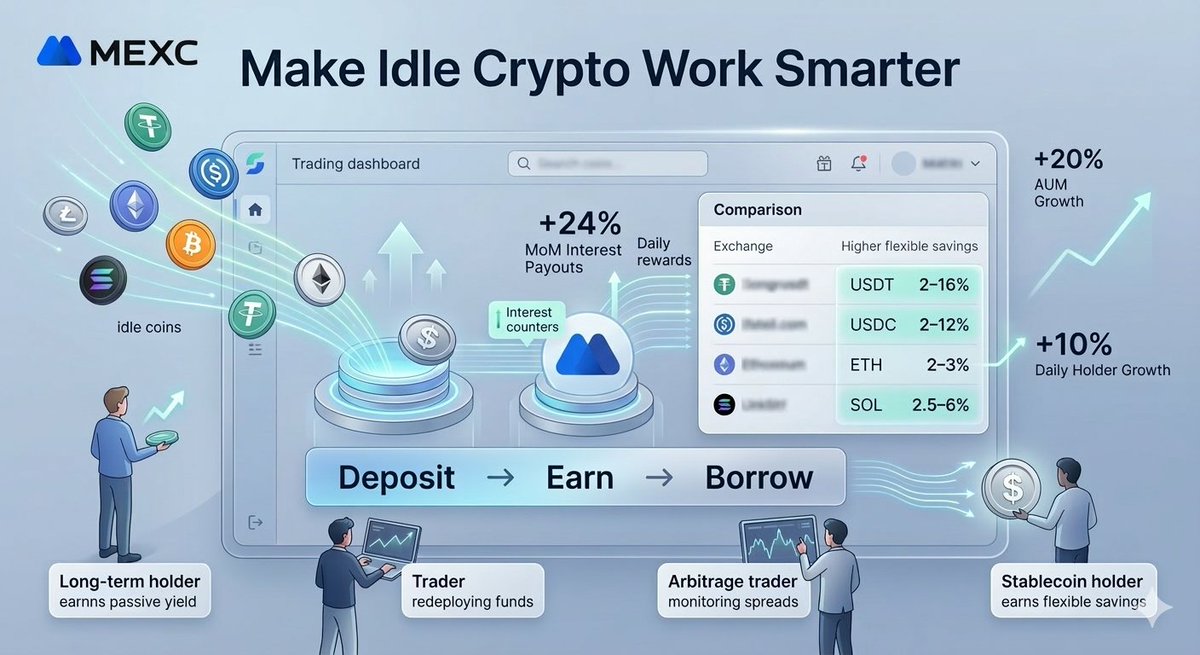 cryptic_lords's tweet photo. Lately, i’ve been thinking less about constant trading and more about how to make my capital work smarter. With #TradeWithMEXC, I’ve noticed how MEXC Earn turns idle crypto into actual yield instead of just sitting in a wallet, unlike on some other exchanges where you have little choice but rigid staking or leaving funds idle.

The growth numbers are hard to ignore, especially with interest payouts reportedly up ~24% MoM, AUM up ~20%, and more daily holders joining. It shows that people are starting to value capital efficiency over just chasing market moves.

What stands out to me is the Deposit → Earn → Borrow flow @MEXC_Official has built. You can generate yield, keep your assets exposed, and access liquidity when needed. For long-term holders, active traders, or anyone sitting on stablecoins, this flexibility feels smarter than locking funds away or leaving them unused.

It makes me rethink portfolio management since it’s not just about timing the market but making sure every unit of capital is doing something, even when things are sideways.