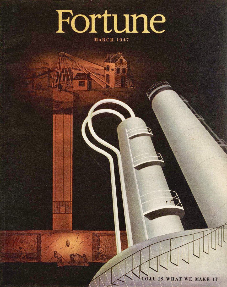 LRonLacy's tweet photo. #Fortune for #MARCH 1947
‘Coal Is What We Make It’
#Illustration by Matthew Leibowitz (1918-1974)
👉ALT
Cover of *Fortune*, March 1947
#FortuneCover #illustrationart #illustrationartists #MatthewLeibowitz #graphicdesign #coal #coalmine #coalprocessing #fossilfuels https://t.co/bDuygXcBhd