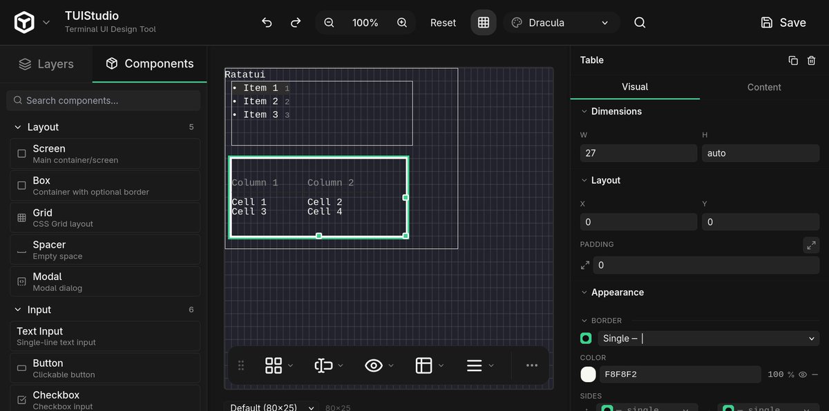 orhundev's tweet image. Figma for the terminal 🤯

🛠️ TUIStudio — Visual editor for building TUIs

💯 Drag-and-drop components, live ANSI preview &amp;amp; export to multiple TUI frameworks

🦀 @ratatui_rs support WIP 🐁

⭐ GitHub: github.com/jalonsogo/tui-…

#tui #ratatui #terminal #devtools #ui #design #cli