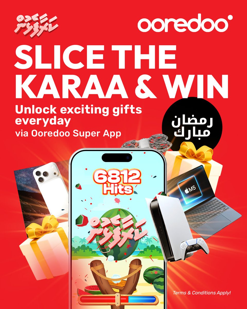 OoredooMaldives's tweet photo. ✨ Slice the Karaa on #OoredooKaraaFelhun & win exciting gifts every day! 🍉🎁

This Ramadan, choose your team, Raiy Lashkaru or Noo Lashkaru and slice together to break the Karaa faster.

Win daily data rewards, plus one special gift every day for a random player from the winning team!

Pick your team and start playing now 👉 https://t.co/l6lUeCqRzw

#RamadanWithOoredoo