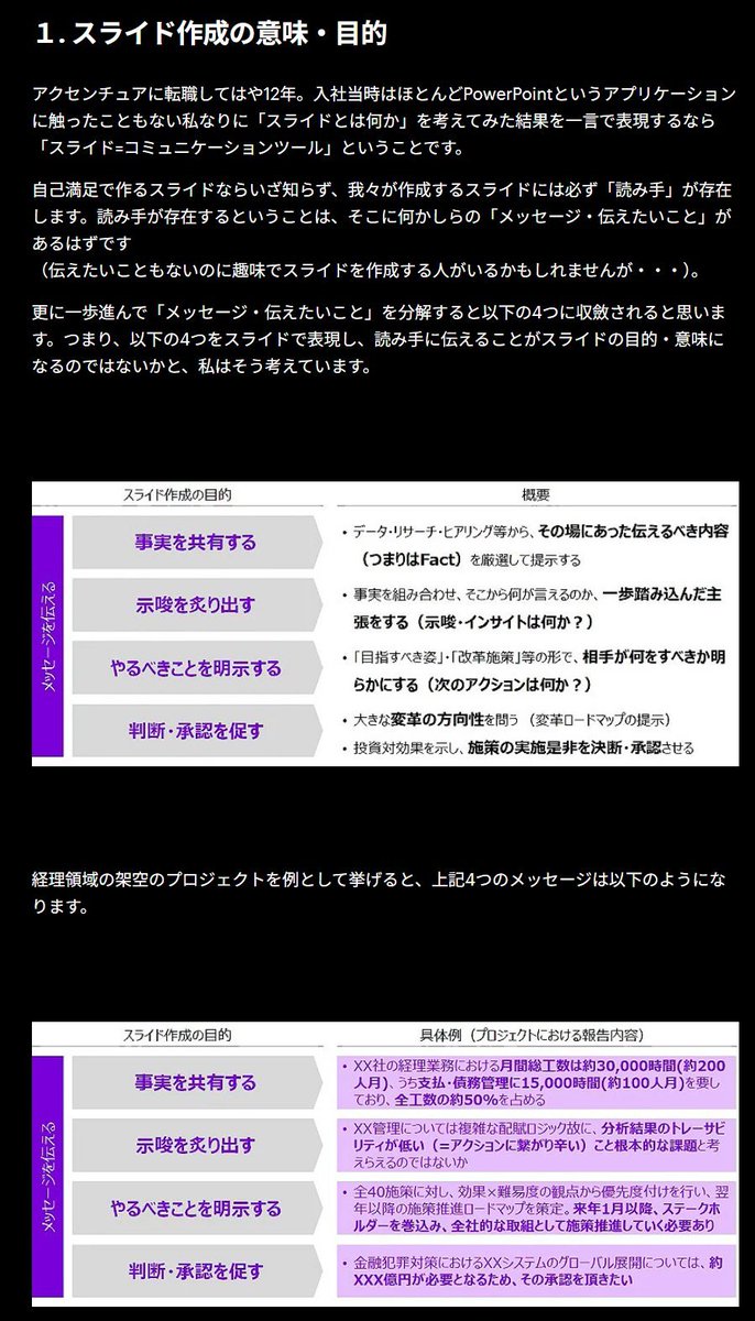JP_JPCapital's tweet photo. アクセンチュア公式ブログに「PowerPointスライド作成の秘訣」という有益な記事があるのでシェアします

生成AIでスライドは簡単に作れるようになりましたが、スライド作成のそもそも目的、お作法、メッセージラインの作りこみ方等を学んでおくことはますます重要になっている気がします https://t.co/eZ56ktvEj8