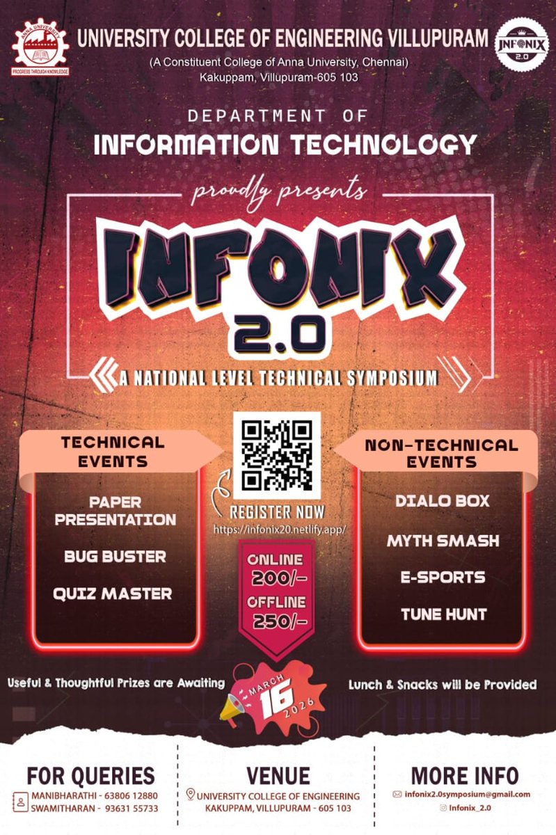 UCEV4's tweet photo. INFONIX2.0 A National level Technical Symposium 
🗓 Event Date: March 16, 2026
REGISTRATION DETAILS
 Registration : 🌐https://t.co/RnfDMxMmm1
TECHNICAL EVENTS
Paper presentation Bug buster  Quiz master
NON TECHNICAL EVENTS
Dialogbox  MythSmash TuneHunt Esports
#UCEV_ITdepartment https://t.co/Cgcwy1qoeS