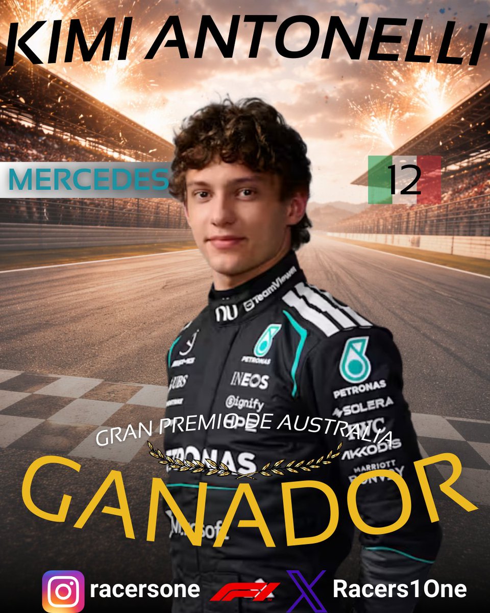Racers1One's tweet photo. #F1 #ChineseGP
VICTORIA HISTORICA 📖🔥
ANTONELLI GANA EL GRAN PREMIO DE CHINA. 🚨
🥇El Italiano se convierte en el piloto mas joven en de la historia en lograr ganar una carrera de F1.
🥈Russell termina escoltandole en la 2da posición.
🥉Hamilton logra su primer podio del año. https://t.co/sB13WLzfoa