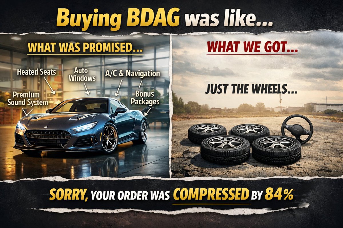 DevDarktryst's tweet photo. Buying BDAG was like pre-ordering a fully loaded new car, Paid in full!

Heated Seats
Fully Automatic
AC
Premium Sound
All the Upgrades

Delivery day arrives and they give you just the wheels and say:
"Your order was compressed by 84%."

#BlockDAGNetwork #Blockdag #Scam #BDAG https://t.co/2vE8Q0SHnN