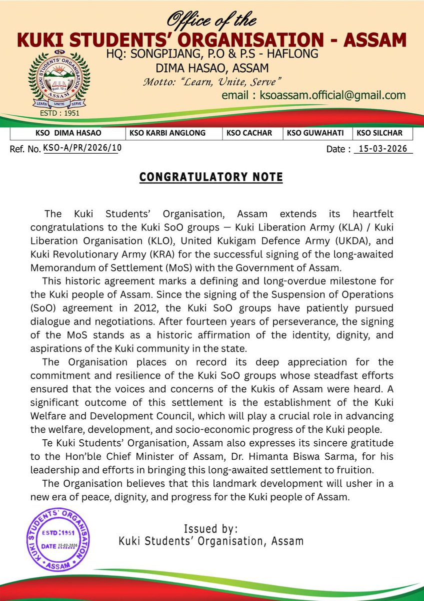Memorandum of Settlement for the creation of the Kuki Welfare and Development Council has been signed today by the Kuki-Hmar SoO Groups with the Government of Assam. We urge the BJP to also prioritize our demand for a Kuki-Zo Union Territory with a Legislature in NE. <a href="/HMOIndia/">गृहमंत्री कार्यालय, HMO India</a>