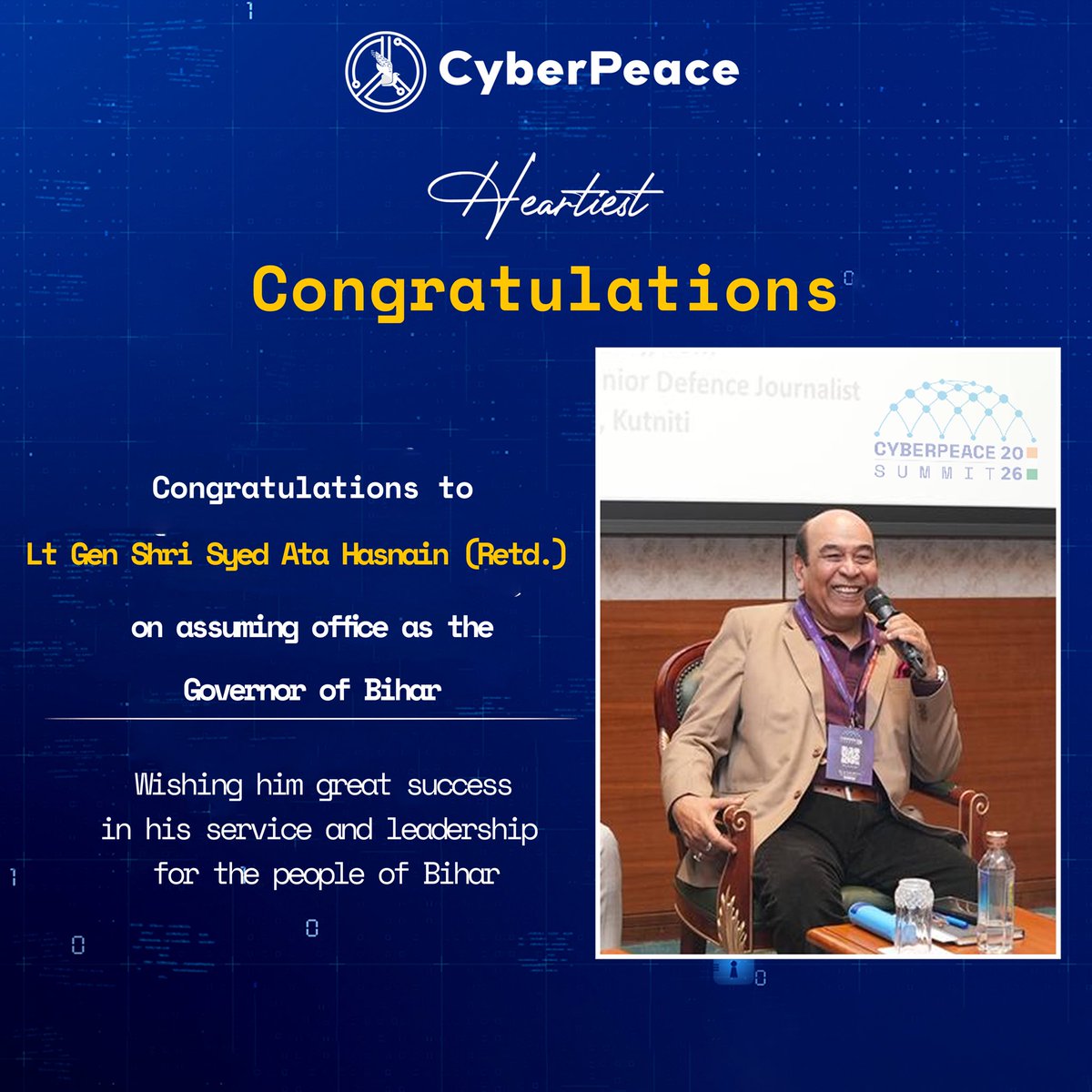 cyberpeacengo's tweet image. #CyberPeace☮️ extends its heartiest congratulations to Lt Gen Shri Syed @atahasnain53 (Retd.) on assuming office as the @GovernorBihar. 🇮🇳

A distinguished leader and strategist, his decades of service and dedication to the nation continue to inspire many. 

We wish him great