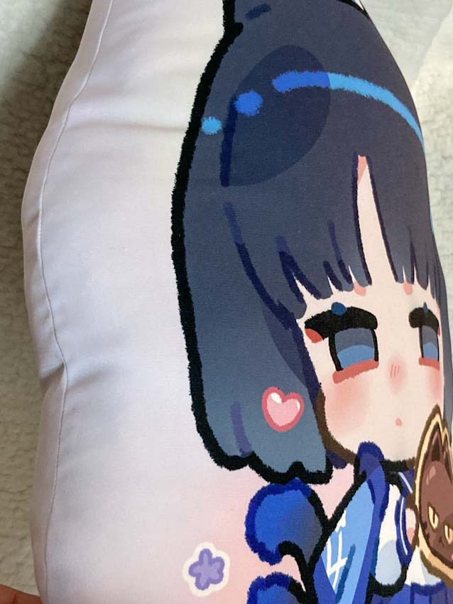 キキョウのクッション届きました!
2枚目が裏面と大きさ比較用のマウスさん、3枚目は厚み感。

カバーはツルツルしてて手触りよくて綿はたくさん入ってる感じなのでもっちもち系です。大きさは縦が大体40cm近くある感じ。

何より印刷と発色がキレイなのでいい感じに仕上がったと思う💪 