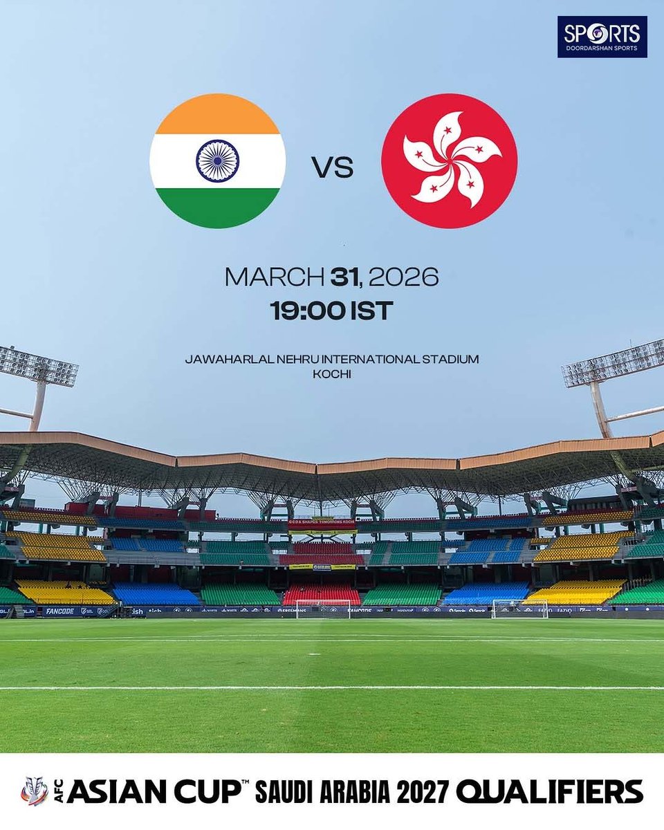 Kochi set to welcome the Blue Tigers once again! 

After a decade, the Indian senior men’s football team returns to Kerala as they face Hong Kong, China in the AFC Asian Cup 2027 Qualifiers Final Round on March 31 at the iconic Jawaharlal Nehru International Stadium.

Kick-off is
