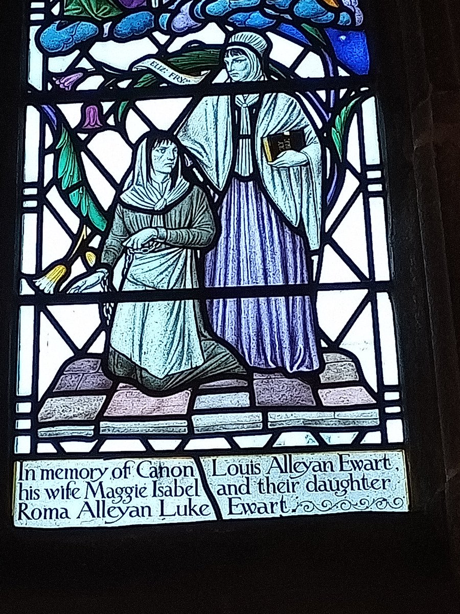 phil0073's tweet photo. #StainedGlassSunday in #AllSaintsEarlsBarton . In memory -Cannon Ewart,Wife Maggie & their daughter Roma.Portrays Mary, Mother of Heaven & Jesus & female saints & more recent Heroines;#ElizabethFry #FlorenceNightingale #EdithCavell #MarySumner. #PhilOnaBike #WindowsOnWednesday https://t.co/5cPXkFGbYm