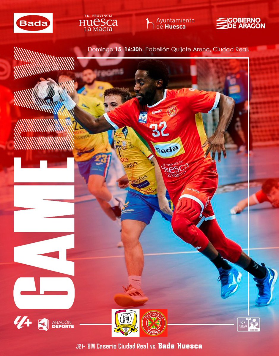 BmHuesca's tweet photo. 💥 𝗚 𝗔 𝗠 𝗘  𝗗 𝗔 𝗬 💥

J21 🆚 BM CASERÍO CIUDAD REAL
🗓️ Domingo 15 de marzo, 16:30h.
📍 Pabellón Quijote Arena, Ciudad Real.
📺 @laligaplus | @ardeportes 

 ¡𝙑𝘼𝙈𝙊𝙎, 𝙃𝙐𝙀𝙎𝘾𝘼!✊🏽🍍

 #EntaltoPalacio #VenVolveras #BadaHuesca #HuescaLaMagia #LigaNexusEnergíaASOBAL https://t.co/nIB5viM8cu