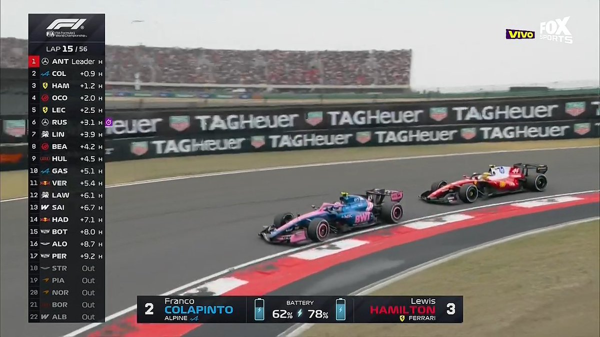 miguela81281534's tweet image. en el "gran premio de China" 2026, entre la vuelta 11 y 15, "franco colapinto" estuvo en puesto 2. ¡Qué buena toma de la cámara enfocando a #Colapinto y al "c l o n" de Hamilton! "fox sports argentina" #telemetrico tuvo una épica madrugada. #vamosnene #FrancoColapinto #ChineseGP