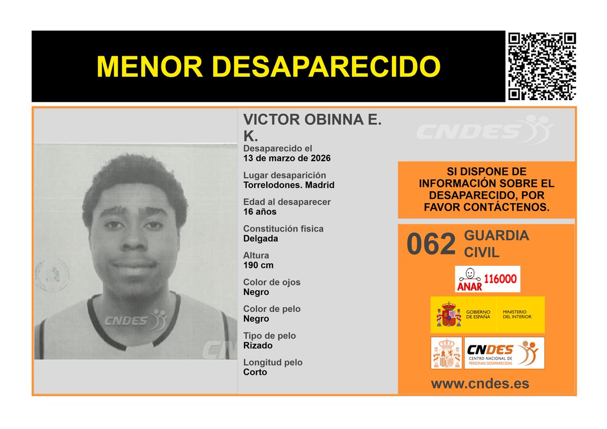 ⚠️🚹MENOR DESAPARECIDO🚹⚠️
Edad  16 años
🧐Última localización #Torrelodones #Madrid
Ayúdanos➡️comparte 📲
Si crees haberlo visto 📩cndes-web.ses.mir.es/publico/Desapa…
📞062 <a href="/guardiacivil/">Guardia Civil</a>
☎️116000 ANAR
<a href="/cndes_oficial/">CNDES</a> #menor #desaparecido