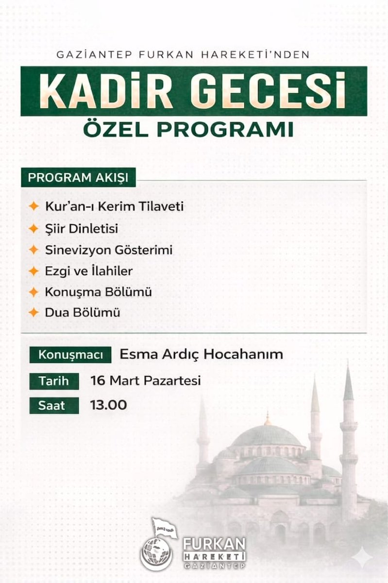 KADİR GECESİ PROGRAMINA DAVET 📣
"Kadir gecesi bin aydan daha hayırlıdır." (Kadir, 3)
Bin aydan daha hayırlı olan bu gecenin önemine binaen hazırladığımız programımımıza tüm halkımız davetlidir.

🗓️ 16 Mart Pazartesi
🕢 Saat : 13.00

Programımız hanımlara yöneliktir.