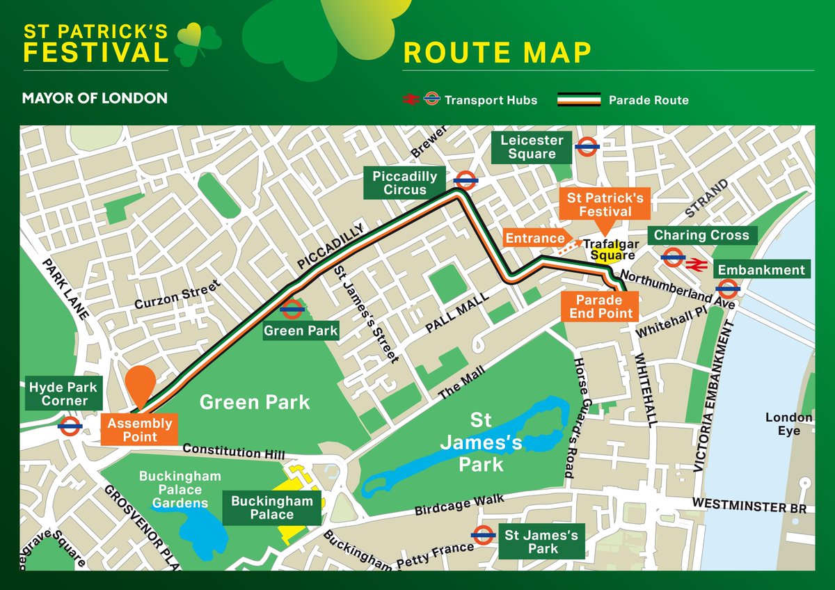 stpatsldn's tweet photo. Good morning to you all. If you're meeting your group to walk in the parade you need to be in place and ready to go at 1130am. Please be aware road closures will be in place so get there early! Here's a handy map of the route to guide you to where you need to be! #stpatsldn https://t.co/MVzb5aBdvj