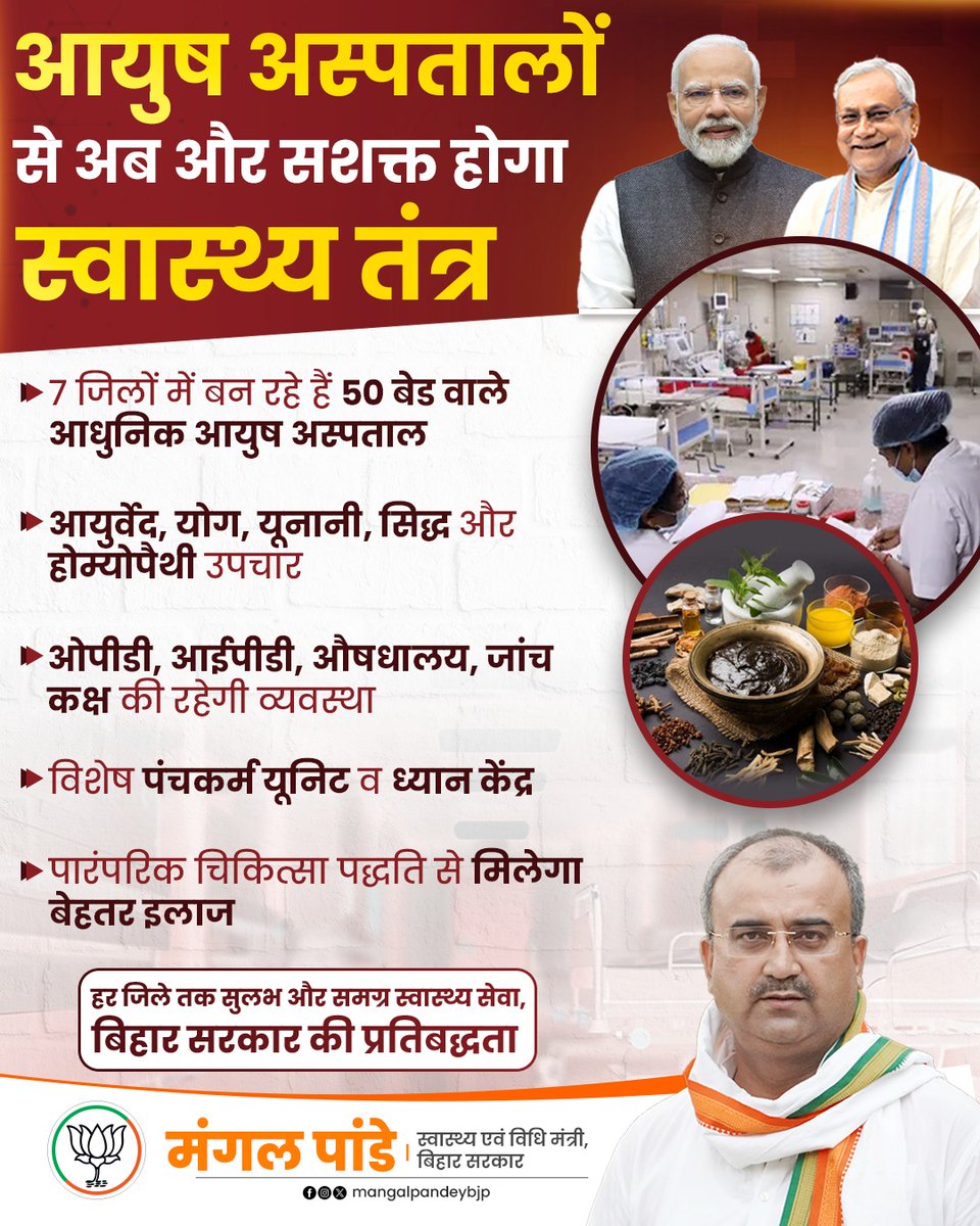 mangalpandeybjp's tweet photo. बिहार के हर जिले तक समग्र स्वास्थ्य सेवा पहुंचाने का संकल्प

बिहार में समग्र और सुलभ स्वास्थ्य सेवाओं को विस्तार देने के लिए 7 जिलों में 50 बेड वाले आधुनिक आयुष अस्पताल स्थापित किए जा रहे हैं।

इन अस्पतालों में आयुर्वेद, योग, यूनानी, सिद्ध और होम्योपैथी जैसी पारंपरिक चिकित्सा पद्धतियों के माध्यम से उपचार की सुविधा उपलब्ध होगी। साथ ही ओपीडी, आईपीडी, औषधालय और जांच कक्ष की व्यवस्था के साथ विशेष पंचकर्म यूनिट और ध्यान केंद्र भी बनाए जाएंगे।

NDA सरकार की इस पहल से लोगों को प्राकृतिक और समग्र उपचार का विकल्प उपलब्ध कराते हुए राज्य के स्वास्थ्य तंत्र को और मजबूत बनाने की दिशा में लगातार प्रयासरत है।

#स्वस्थ_बिहार
#विकसित_बिहार
#BiharHealth
#NewBihar
#TransformingBihar