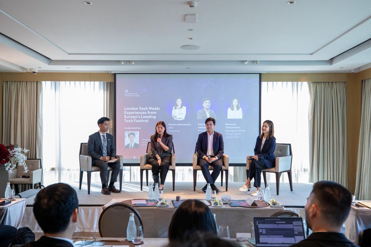 KhaosodEnglish's tweet photo. UK–Thailand AI Conference 2026 Strengthens Collaboration in Innovation and Future Technologies Ahead of London Tech Week 2026

The British Embassy Bangkok hosted the UK–Thailand AI Conference on 10 March, bringing together leading technology companies and venture capital firms to advance cooperation in AI, emerging technologies, and digital innovation. Held at Capella Bangkok, the one-day event marked a major moment in the expanding UK–Thailand technology partnership.

“The conference formed part of the ongoing celebrations marking 170 years of UK–Thai diplomatic relations, underscoring the depth of the partnership between both nations. With bilateral trade reaching £7.7 billion last year and the UK now the largest foreign investor on the Stock Exchange of Thailand (SET), holding THB 1.53 trillion in assets, the UK reinforced its commitment to supporting Thailand’s growing innovation economy and to building long-term partnerships in sectors including AI, clean energy, advanced manufacturing, healthcare, and engineering biology,” the embassy stated in its press release.

It quoted the UK Prime Minister’s Trade Envoy to Thailand, Matt Western MP, highlighted the strategic importance of the relationship:

“The UK is committed to building strong, future focused partnerships with Thailand, particularly in areas where our strengths align — artificial intelligence, advanced engineering, health innovation and next-generation manufacturing. Today’s conference demonstrates just how much opportunity exists when our businesses and investors work together. The UK offers world-leading research, talent and a dynamic tech ecosystem, and I am delighted to see growing interest from Thai companies looking to collaborate, innovate and expand into the UK.”

British Ambassador to Thailand Mark Gooding adds.

“As we mark 170 years of UK–Thailand relations, our partnership continues to evolve in ways that reflect the needs of our time. Technology and innovation now sit at the heart of that relationship, and today’s conference is a powerful example of what happens when we connect the right people, ideas, and capabilities. The UK and Thailand share a belief that AI and emerging technologies must improve people’s lives, and by working together we can turn global challenges into shared opportunities.”

The conference showcased a roster of speakers from leading UK and Thai technology and investment organisations, featuring https://t.co/zj7yRqVmNP COO Daniel Appleby, Amity Solutions AI Research and Application Center Chairman and Executive Director Touchapon Kraisingkorn, SeaX Ventures Founder and Managing Partner Dr. Kid Parchariyanon, and Techsauce CEO Mimee Lerdsuwankij. They were joined by senior investment leaders from Beacon Ventures, Xplor Ventures, Disrupt Health Impact Fund, and SCB10X, creating a dynamic and influential lineup that underscored the strength of the UK–Thailand innovation corridor.
(Photos from the British Embassy.)
#Thailand #UK #UKinThailand