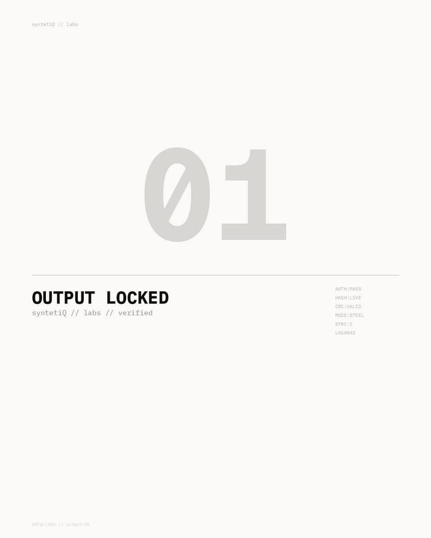 syntetiQ_'s tweet photo. OUTPUT LOCKED.

AUTH:PASS
CRC:VALID
HASH:LIVE

Nothing gets out until it's ready.

syntetiQ // labs // verified
—
#syntetiq #syntetiqLabs #outputlocked #systemstatus #minimalart https://t.co/WADXsJbnCx https://t.co/Erzic1iu4p
