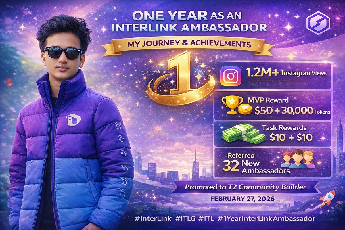 MdMaruf396299's tweet photo. 🌟 My Journey as an InterLink Ambassador — One Year of Growth

On November 2, 2025, I officially joined the InterLink Ambassador Program. At that time, my goal was simple — to learn about InterLink and share this amazing ecosystem with more people.

From the beginning, I started creating content about InterLink on Instagram, Twitter (X), and Facebook. Slowly, my content began reaching a large audience, which motivated me even more to keep contributing to the community.

📊 Content Impact

Some of my InterLink posts received incredible engagement:

• One Instagram post reached 1.2 Million views
• Several other Instagram posts reached 400K – 500K views
• Many posts on Twitter (X) received 20K – 25K views
• Several posts on Facebook gained 50K – 70K views

Seeing so many people engaging with my InterLink content made me extremely happy and inspired me to continue working harder for the community.

🏆 Key Achievements in My Journey

• Day 46 Task Reward: $10
• Day 47 Task Reward: $10
• Monthly Reward #9: Achieved MVP and received $50 + 30,000 Tokens

These achievements showed me that consistency and dedication can truly make a difference in the InterLink ecosystem.

👥 Growing the Community

Another milestone I’m proud of is helping expand the InterLink community. So far, I have referred 32 new Ambassadors, and I’m very happy to see them actively contributing and doing great work.

🚀 A Special Milestone

On February 27, 2026, I was promoted to T2 Community Builder. This recognition means a lot to me and motivates me to contribute even more to the InterLink community.

InterLink is not just a program — it is a community where we grow together, support each other, and build something meaningful.

✨ Looking Ahead

This is only the beginning of my journey.
In the future, I want to bring even more people into the InterLink ecosystem, create more impactful content, and continue helping the community grow stronger.

Thank you to the InterLink Team and the amazing community for this incredible journey. 💜

#InterLink #ITLG #ITL #1YearInterLinkAmbassador