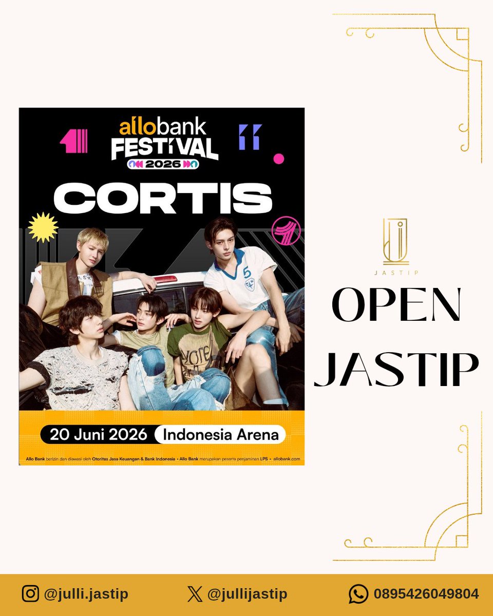 jullijastip's tweet photo. [JASTIP TIKET / TICKETING SERVICE]
CORTIS IN ALLOBANK FEST 2026 JAKARTA

💸 bookslot 100k
💸 fee TBA
https://t.co/prIhjDjoqv

🎟Sudah jd wristband
👥 Ada grup jastip
❕Tiket tidak dapat? Full refund
✅ Testi? Link on bio

#zonauangㅤ #AlloBankFestival2026 #cortis https://t.co/UgbUdW3dxi