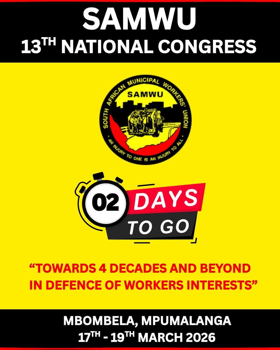 _cosatu's tweet image. #SAMWU 13th National Congress will take place 17–19 March 2026 from 09h00 at Church Unlimited, Mbombela, Mpumalanga. #SamwuCongress2026 @mwelimasilela @Newzroom405 @Mtpatourism @MpumalangaPress @MoutseFM @moloko_moloto @eNCA @SABCNews @MokoboNtebo @gagasifm