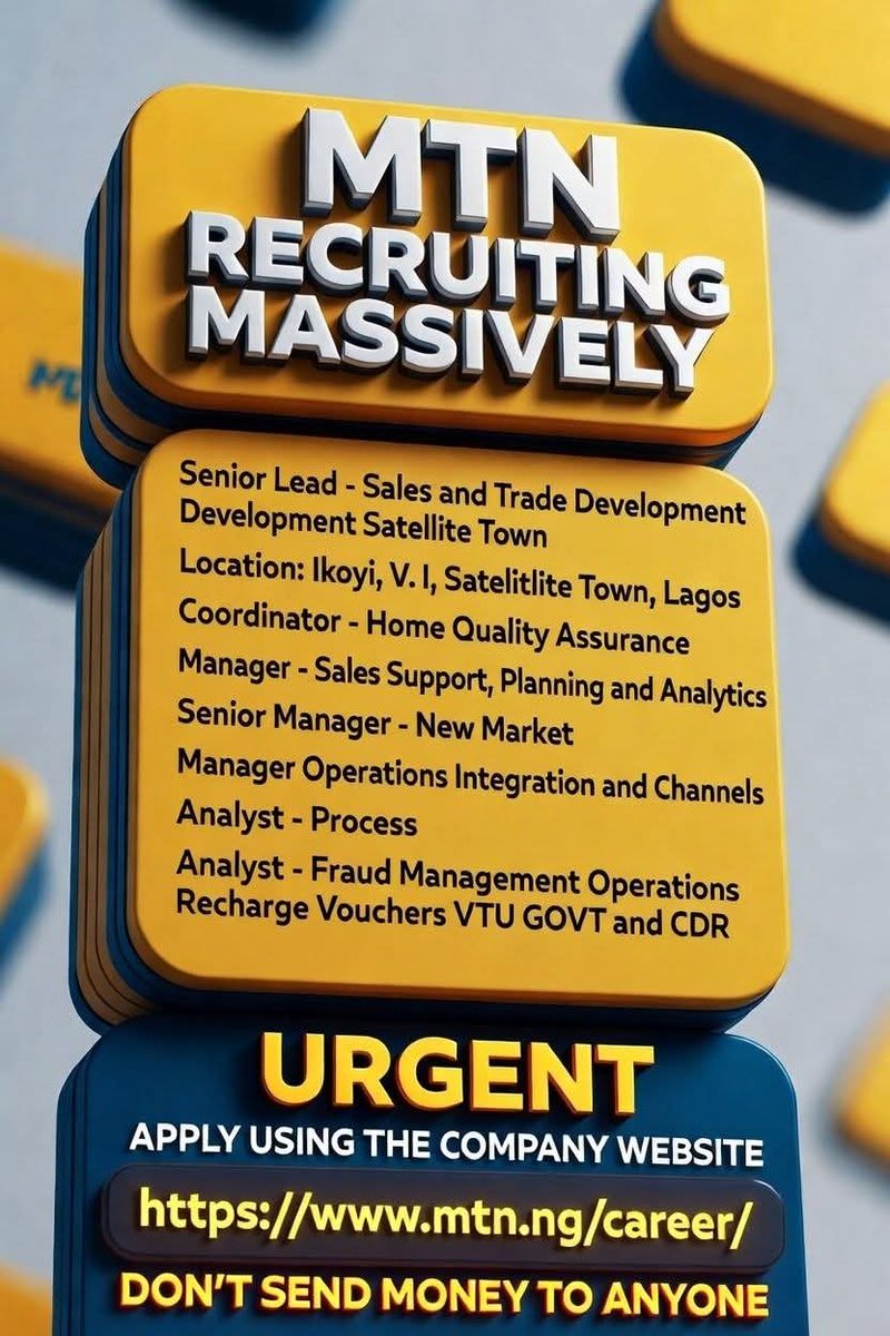 zatarajobs's tweet photo. Apply Now: MTN is recruiting massively 📷
Link in comment 📷📷 https://t.co/X2W5BR6pxI