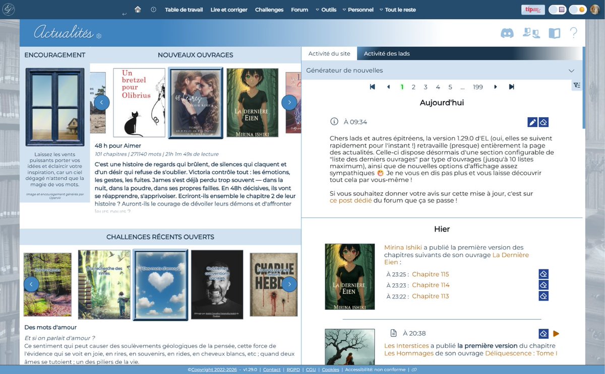 MarkusCharret's tweet photo. ✨ La page des actualités d'Épistolads est repensée avec la v1.29.0 !

📚 Jusqu'à 10 listes d'ouvrages par type, mise en page personnalisable, résumés au survol…

Plus d'excuse pour rater les créations de la communauté !

https://t.co/OBtlb9tI31

#epistolads #écriture #lecture https://t.co/iQ5HQgbLaJ