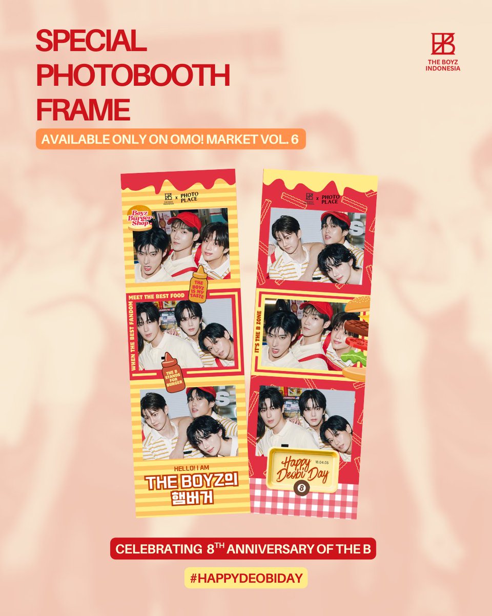 THEBOYZINDO's tweet photo. [𝐏𝐡𝐚𝐬𝐞 𝟏: 𝘛𝘏𝘌 𝘉 𝘉𝘶𝘳𝘨𝘦𝘳 𝘚𝘩𝘰𝘱 𝘪𝘴 𝘰𝘱𝘦𝘯...]

SPECIAL PHOTOBOOTH FRAME EVENT
— to Celebrating 8th Anniversary of THE B. 🥳📸🍔♾️

Available only for 2 days at OMO! Market Vol. 6. 👾✨️

🗓 11-12 April 2026
🕚 11.00-20.00 WIB
📍 Pasaraya Blok M, Jakarta
🎟 FREE for all @omomarket_twt visitors

Kindly tag @THEBOYZINDO if you use the frame. 🤗

Don't miss out, THE B's! ❤️🖤🤍

For more information: https://t.co/fOHHzUOJvx

@THEBOYZ_officl

#THEBOYZ #더보이즈 #THEB #더비 #DEOBITNA #더빛나 #HappyDeobiDay #OMOOMOOMO #OMOItsOurPhotobooth #InsertCoinsPressStart