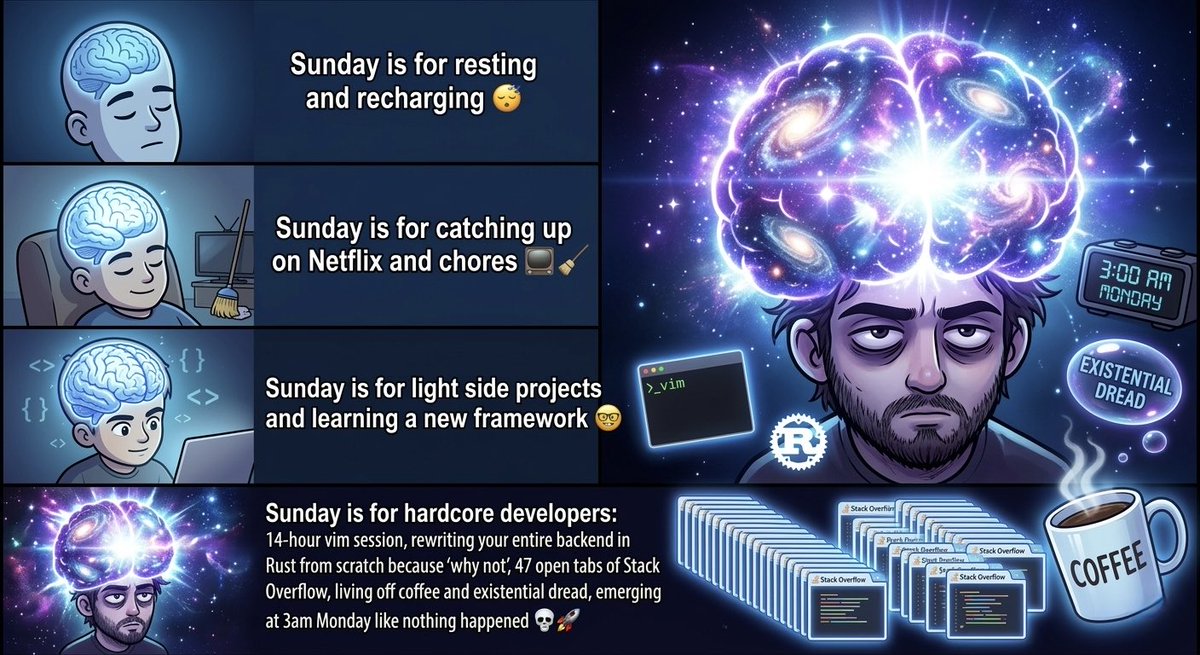 stowdev's tweet photo. What kind of dev are you this Sunday? 😏

Small brain: Rest &amp; recharge 🌿

Medium: Netflix + chores 📺

Big: Light side project 🤓

Galaxy: HARDCORE – 14h vim, Rust rewrite, 47 SO tabs, coffee &amp; dread 💀🚀

Ultra: AI prompts while staring at wall 🤖😭

Your level? 👇 https://t.co/W3Qql8LD95