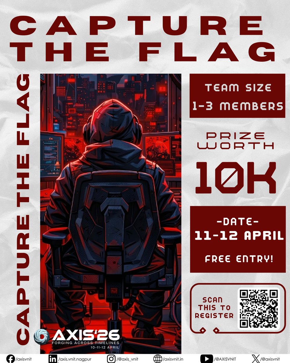 AXIS_VNIT's tweet photo. Calling all tech heads and puzzle solvers!

The hunt is on. Join us for the most thrilling Capture The Flag event of the year at AXIS'26.

#cyber #axis26 #tech #fest https://t.co/XRN34tJ9Ps