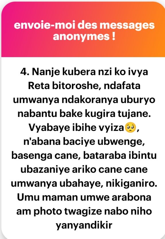 " haribitaro nagiriyemwo stage twakira aka bébé atamwany uhaciye karaducikanana..." 

🔴 1/3