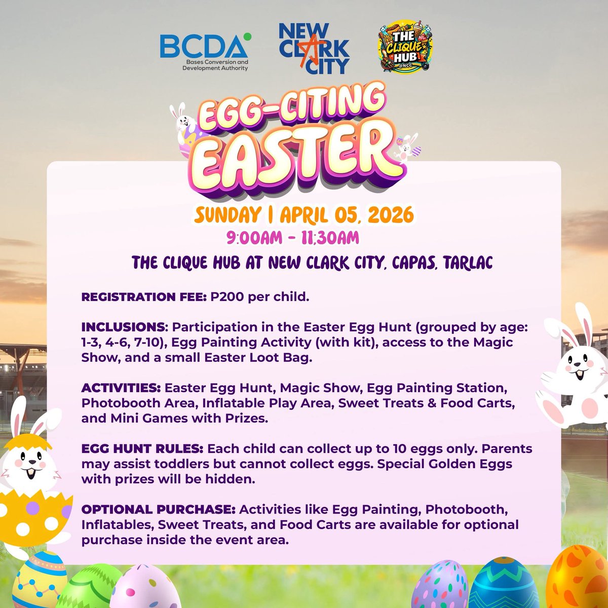 Get ready for an EGG-CITING EASTER celebration at #NewClarkCity
Join us for a fun-filled morning of Easter Egg Hunts, Magic Show, games, &amp; more with the whole family!

📅 April 5, 2026 | 9:00 AM – 11:30 AM
📍 Clique Hub, New Clark City, Capas, Tarlac
💵 Registration Fee: ₱200