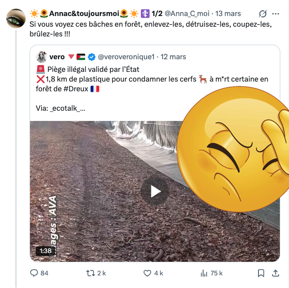 FrancAller_info's tweet photo. Dégradation volontaire du bien d’autrui, Marie-Clitorine ?🤔
Bah, c'est 2 ans & 30 000€, ou 5 ans & 75 000€ si c'est en réunion. 
Sans préjudice du civil, aussi.
C'est toi qui vois, chérie.
#Animalisme #Antispécisme #Vegan 
#Crétinisme
#Chasse  #ChassePartage  

* Après, pour ce qui est de l'intelligence, on ne peut hélas plus rien pour vous hein, les zozos 🤷‍♂️
Ce rideau n'est PAS un piège, bon sang.
Lire, apprendre, réfléchir... ⤵️

** le tweet de Zozotte : https://t.co/UWmOktjmuc 
(quelqu'un lui dit, aussi, pour son tweet et la provocation publique à commettre un délit ? Voire, la complicité de dégradation ?)