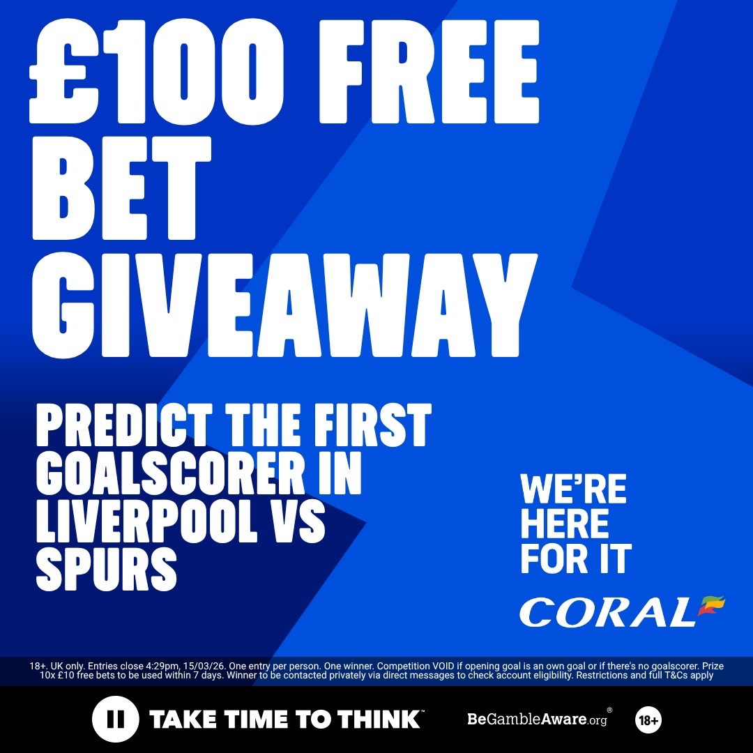 Coral's tweet photo. 🚨 £100 FREE BET GIVEAWAY! 🚨

🔵 Correctly predict the first goalscorer in Liverpool vs Spurs
🔵 Retweet and like this post
🔵 Follow @Coral 

One eligible entrant will be selected at random and win £100 in free bets! 🤑