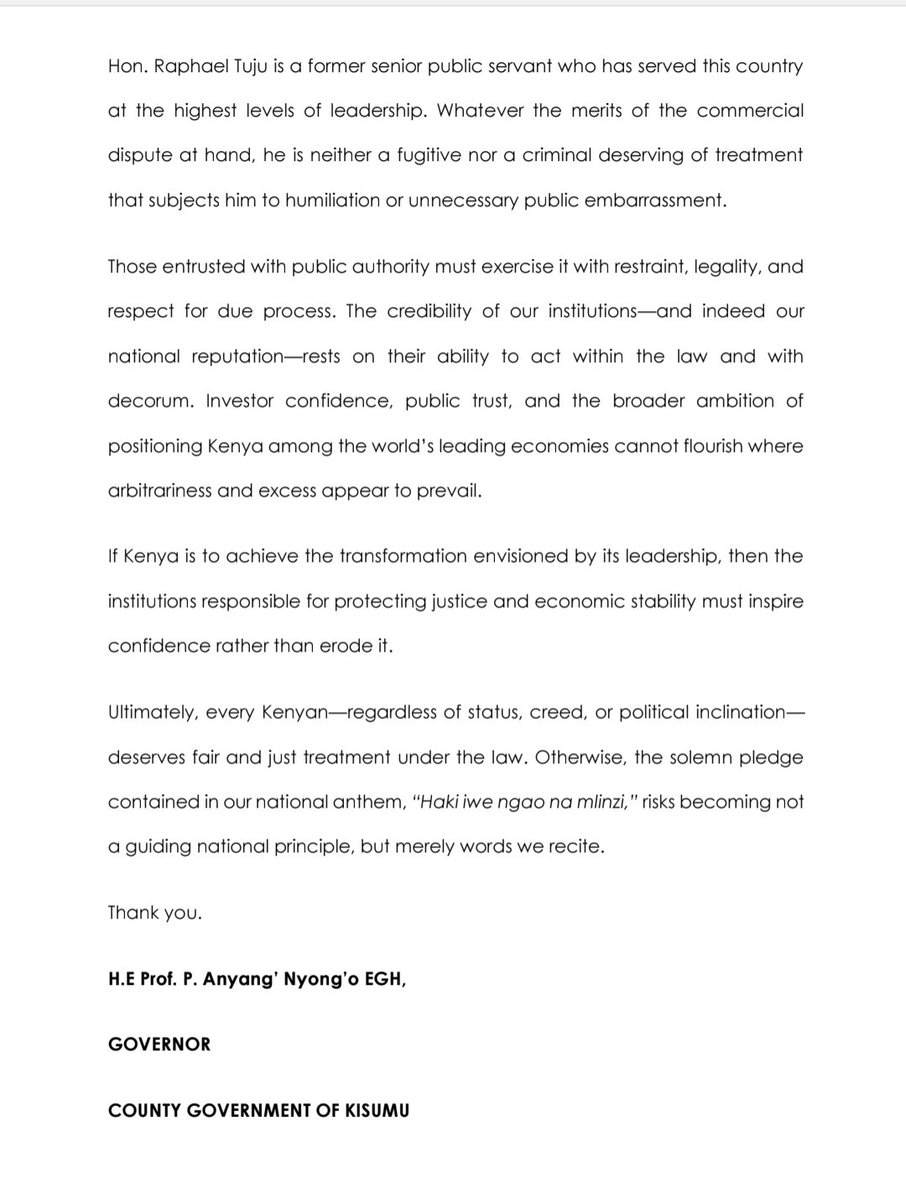 AnyangNyongo's tweet photo. Statement on the recent events surrounding the handling of Hon. Raphael Tuju's loan dispute and commercial affairs. https://t.co/cyOmPCIQuZ