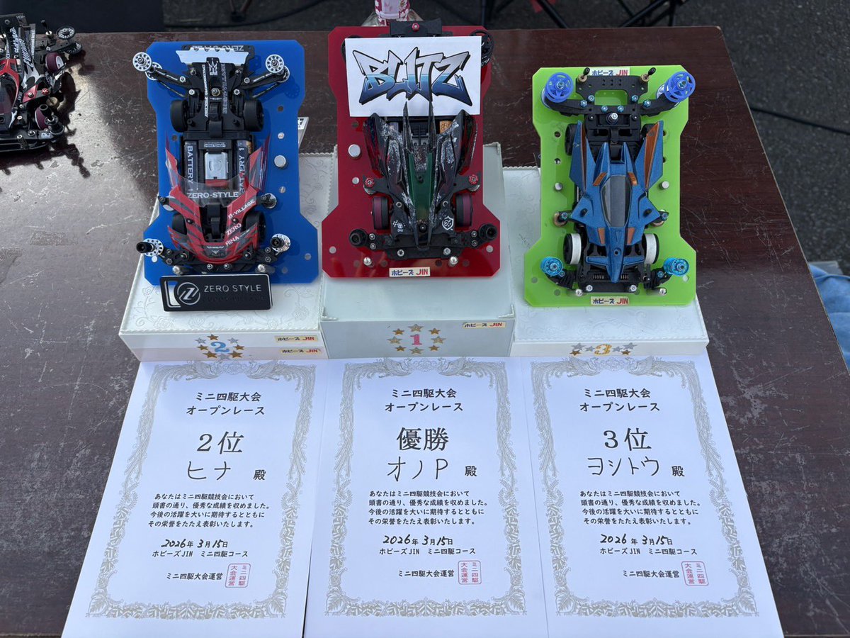 yuu_ck1's tweet photo. ホビーズJIN

 3月度ミニ四駆大会

オープンレース
優勝　オノP選手
2位　 ヒナ選手
3位　 ヨシトウ選手 https://t.co/ZDN8aQiDLS