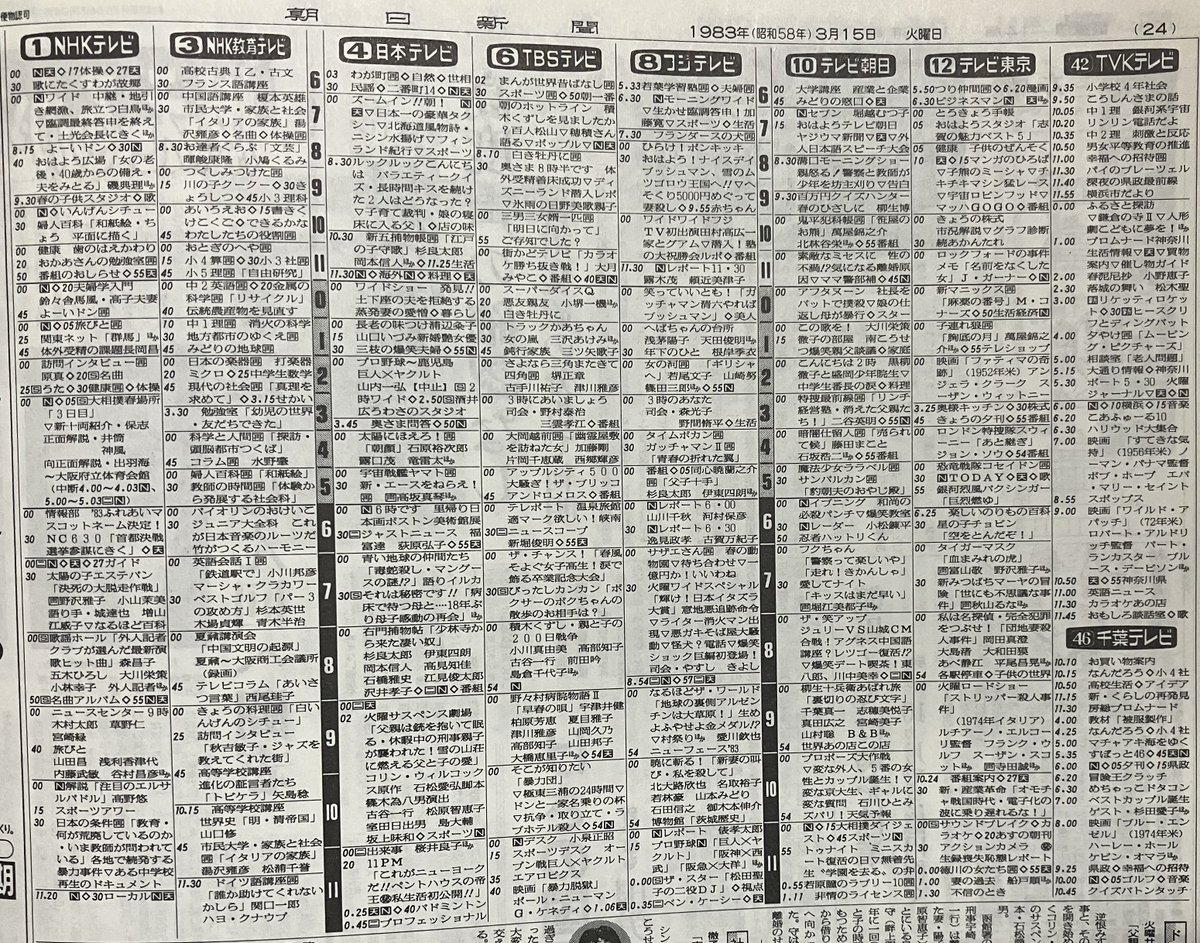 【美品】ONTV 1983年3月　アメリカテレビ番組表 43年前(1983年=昭和58年)3月15日(火)のテレビ番組表
