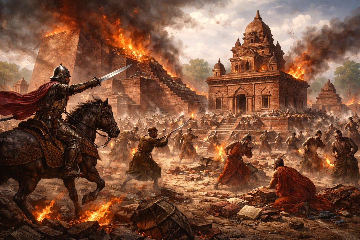 Gargi16191's tweet photo. Nalanda - A lost center of knowledge…! 

< 830 years ago, world’s "OLDEST sacred hub of Knowledge" was BURNT to ashes in broad daylight in Bihar, India.

< Fire kept on burning for more than 3 months.

< 9 storey libraries, 90,00,000 books were WIPED up in smoke.

< All of our ancient history records was ERASED, lost forever…

This was Nalanda, Bihar’s beating heart, a university older than time itself, cradled by Sanatan Dharma for thousands of years. A city of wisdom where rishis, monks, and scholars breathed life into the Vedas, Upanishads, and truths of the cosmos, now ash. A thread 🧵 on NALANDA 👇